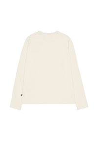 Camisa de manga larga de algodón en color blanco roto. Presenta un cuello redondo y dobladillo recto sin patrones visibles. Incluye una pequeña etiqueta de la marca en el lateral.