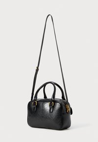 Black leather handbag with a smooth texture, gold-tone hardware, dual top handles, and a detachable shoulder strap. Rectangular shape.