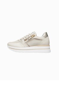 Beige leather sneaker with mesh panels, gold accents, and white rubber sole. Features lace-up design and rear tab. Minimalist aesthetic.