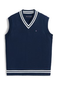 Μπλε σκούρο  αμάνικο πουλόβερ γιλέκο με λευκές διπλές ρίγες στο V-λαιμό και στο τελείωμα, και μικρό λογότυπο Tommy Hilfiger στο στήθος.