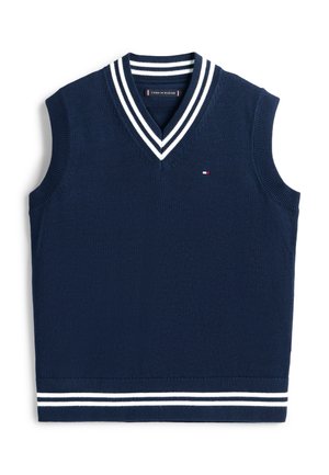 Námořnicky modrá bezrukávová svetr vesta s bílými dvojitými pruhy na výstřihu do V a lemu, s malým logem Tommy Hilfiger na hrudi.