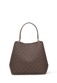 Borsa a mano marrone con motivo logo su tutta la superficie, design strutturato, texture liscia e doppi manici in pelle per una versatilità di trasporto.