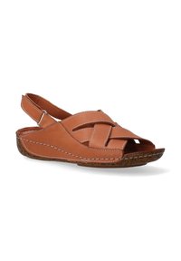 Bruine leren slingback sandaal met geweven ontwerp, open teen en contrasterende witte stiksels. Kurkachtige zool met een lichte hakverhoging.