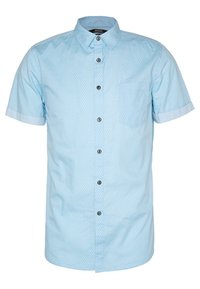 Himmelblaues Kurzarmhemd mit strukturiertem Muster, Button-Down-Kragen, Taschen auf der Vorderseite und schwarzen Knöpfen entlang der Knopfleiste.