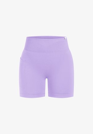 Hooggesneden naadloze lavendel shorts met een brede geribde tailleband en een zak op de linker bovenbeen.