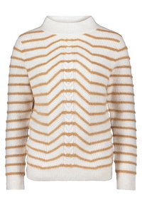 Creme- og tanstribet sweater med høj krave, der har et struktureret zigzag-mønster og en blød, fuzzy strik. Lange ærmer og ribbede manchetter.