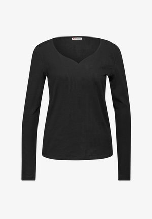 Zwarte langemouwen top met een ribbeltextuur en een diepe V-hals. Eenvoudige stijl, aansluitende snit en zonder extra versieringen.