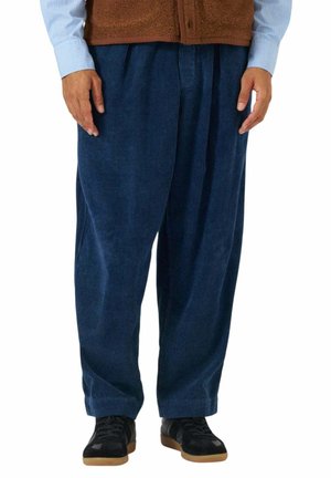 Pantaloni in velluto a coste blu navy con una vestibilità comoda, caratterizzati da coste verticali evidenti, pieghe e una fascia in vita confortevole. Abbinati a sneakers nere.