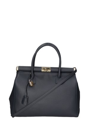 Borsa a mano in pelle di un blu navy scuro con hardware dorato, forma strutturata, doppi manici superiori e tracolla rimovibile. Presenta un dettaglio con lucchetto.