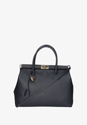 Dark navy leather handbag with gold hardware, structured shape, double top handles, and a detachable shoulder strap. Features a lock detail.