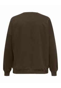 Sweat-shirt marron foncé à manches longues avec poignets, ourlet et col côtelés, montré de dos sur fond blanc uni.