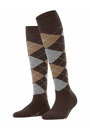 Braune knielange Socken mit einem Argyle-Muster in Brauntönen, Grau und Creme. Glatte Textur mit verstärkter Zehen- und Fersenpartie.