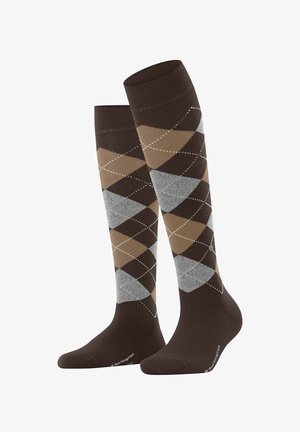 Braune knielange Socken mit einem Argyle-Muster in Brauntönen, Grau und Creme. Glatte Textur mit verstärkter Zehen- und Fersenpartie.