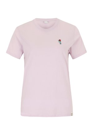 Hellviolettes T-Shirt mit kurzen Ärmeln und Rundhalsausschnitt, mit kleinem besticktem Seepferdchen und rotem Muscheldetail auf der linken Brust.