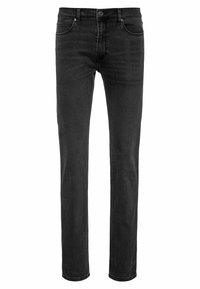 Jeans de mezclilla negros ajustados con bolsillos frontales, pasadores para cinturón y cierre de botón, exhibidos sobre un fondo blanco.