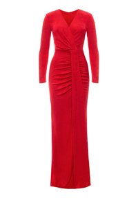 Czerwona aksamitna sukienka z długim rękawem, dekoltem w serek, marszczonym detalem w talii oraz prostą spódnicą. Gładka tekstura, długość do podłogi, minimalistyczny styl.