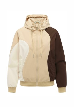 Veste à capuche bloc de couleurs avec panneaux beige, crème et marron foncé, fermeture éclair à l'avant, capuche à cordon et poignets et ourlet côtelés.