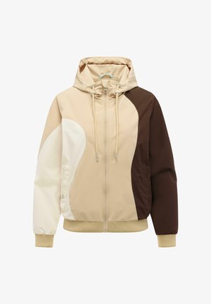Kleurcontrast hoodie met beige, crème en donkerbruine panelen, rits aan de voorkant, trekkoorden in de capuchon en geribbelde manchetten en zoom.