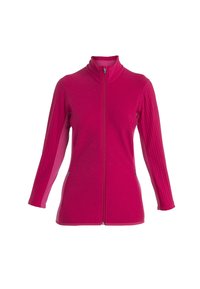Veste polaire rose vif à manches longues avec fermeture éclair complète à l'avant, col montant et poches latérales zippées, présentée sur fond blanc.