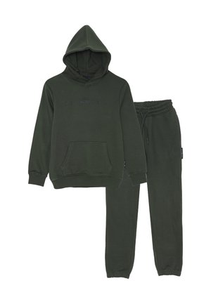 Felpa verde scuro con tasca frontale e jogger abbinati con cordino, entrambi realizzati in morbido tessuto con polsini a costine.
