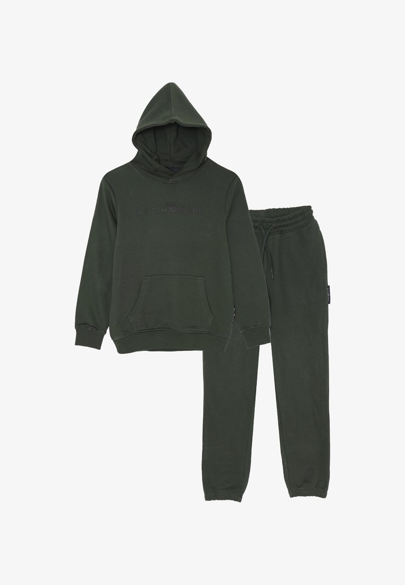 Felpa verde scuro con tasca frontale e jogger abbinati con cordino, entrambi realizzati in morbido tessuto con polsini a costine.