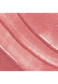 Gloss à lèvres lisse et brillant de couleur rose avec de fines particules scintillantes créant une texture étincelante et réfléchissante.