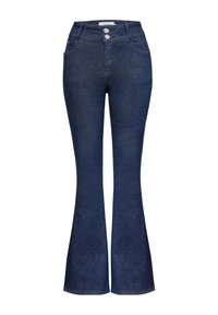Jeans a zampa d'elefante blu scuro in denim, con vita alta, due bottoni e tasche frontali, caratterizzati da una texture liscia.