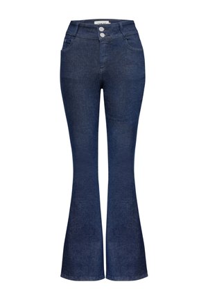 Jean flare bleu foncé en denim, avec une taille haute, deux boutons et des poches avant avec une texture lisse.