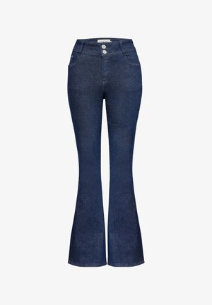 Donkerblauwe flared jeans van denim, met een hoge taille, twee knopen en een gladde textuur in de voorkant zakken.