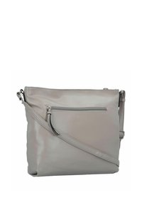 Grauer Leder-Crossbody-Beutel mit glatter Textur, Reißverschlusstasche vorne und verstellbarem Gurt. Verfügt über ein minimalistisches Design mit klaren Linien.