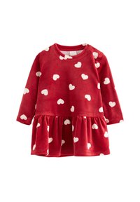 Red long-sleeve dress in soft material with white heart patterns, featuring a gathered skirt and round neckline. Suitable for casual wear.