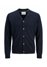 Cardigan blu navy a V con maniche lunghe e cinque bottoni frontali, caratterizzato da polsini e orlo a costine.