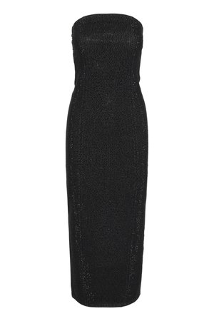 Abito nero senza spalline con una silhouette aderente, superficie texture e una leggera lucentezza. Presenta linee strutturate e un orlo dritto.