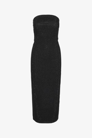 Schwarzes trägerloses Kleid mit taillierter Silhouette, texturierter Oberfläche und subtiler Schattierung. Es hat strukturierte Linien und einen geraden Saum.