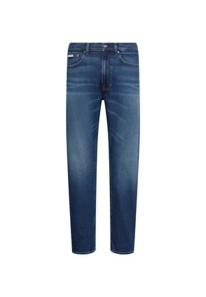Jean bleu délavé homme, coupe droite, avec poches avant, passants pour ceinture et fermeture par boutons.