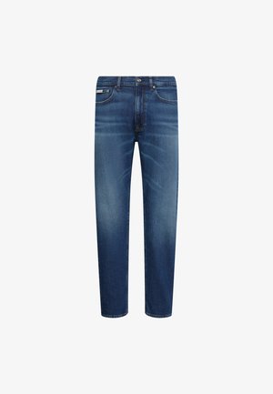 Jean bleu délavé homme, coupe droite, avec poches avant, passants pour ceinture et fermeture par boutons.