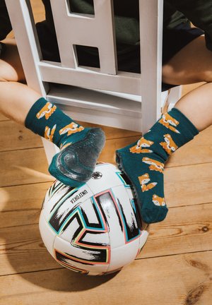 Chaussettes vertes avec des motifs de renard orange, positionnées sur un ballon de soccer à motif noir et blanc, posé sur un sol en bois.