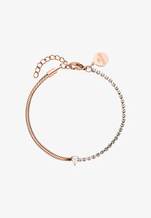 Armband aus Roségold mit einer strukturierten Kette, verziert mit klaren Kristallen. Verfügt über einen Verschluss und eine verstellbare Länge für Vielseitigkeit.
