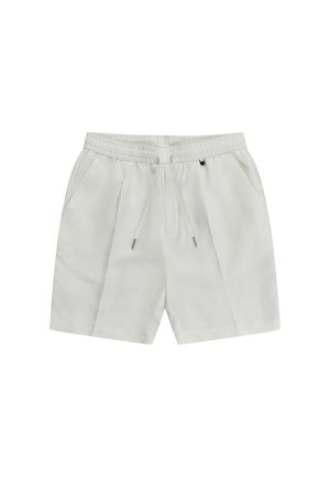 Pantalones cortos blancos hasta la rodilla con cintura elástica, cordón, bolsillos laterales y un ajuste relajado.