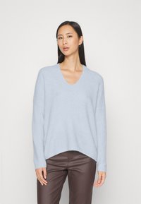 Helles blau, V-Ausschnitt Pulli aus weichem Material, mit lockerem Schnitt und längerer Rückensaum. Getragen mit braunen Hosen.