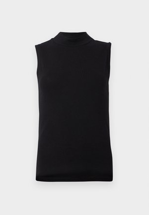 Black sleeveless top with high neckline made from smooth, stretchy fabric, displayed on plain white background.