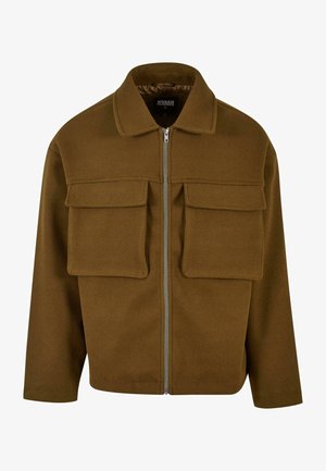 Brūns rāvējslēdzēja jaka, izgatavota no teksturēta materiāla, ar apkakli, divām krūšu kabatām un taisnu apakšmalu.