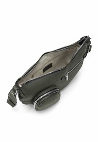 Borsa a mano in pelle verde scuro con una finitura texture, dotata di un ampio scomparto con zip e di una piccola pochette con zip removibile.