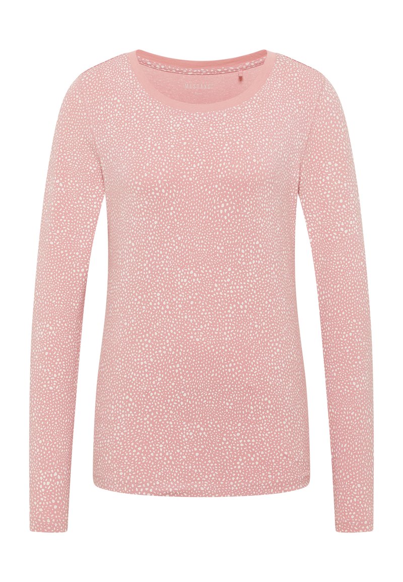 Långärmad rosa topp med prickigt mönster, rund halsringning och mjuk textur. Tillverkad av lätt material för komfort.