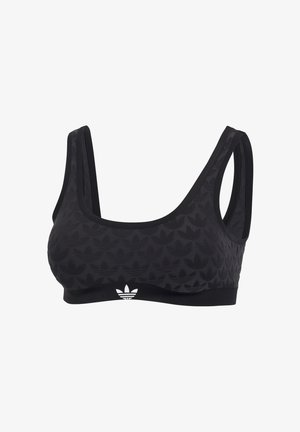 Schwarzer Sport-BH mit geprägtem Trefoil-Muster und weißem Adidas-Logo auf dem elastischen Mittelband, Rundhalsausschnitt und breiten Trägern.