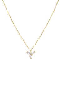 Gouden hanger ketting met een vlinderontwerp, voorzien van heldere edelstenen en een delicate schakelkette. Eenvoudige en elegante uitstraling.