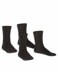 Calcetines de algodón negros, de longitud media, con un puño acanalado y textura suave. Se muestran cuatro pares, destacando la uniformidad en el diseño.