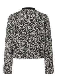 Schwarze und cremefarbene Langarmjacke mit floralem Muster, strukturiertem Stoff sowie elastischem Saum und Bündchen. Rundhalsausschnitt mit schwarzem Besatz.