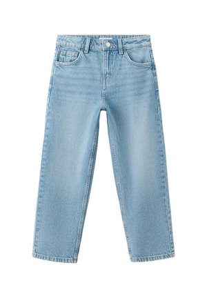 Jean en denim bleu clair avec une coupe droite, bouton et fermeture éclair à l'avant, et poches avant et arrière sur fond blanc.