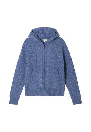 Blue textured hoodie with a zip front, two front pockets, and a hood. Features a cable-knit pattern and ribbed cuffs and hem.